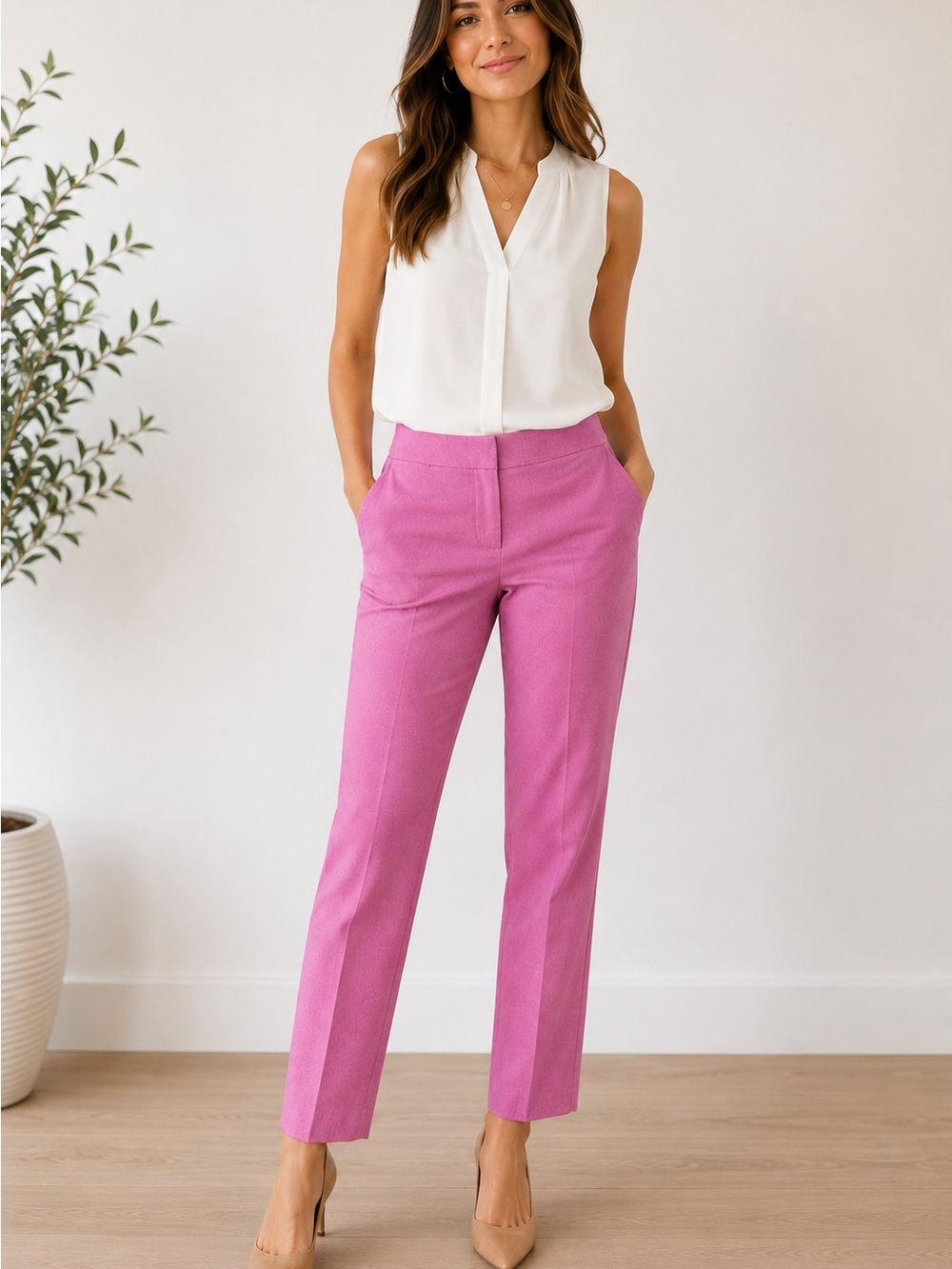 LOFT Dusty Pink Cotton Blend Straight Leg Contemporary Pants | 4